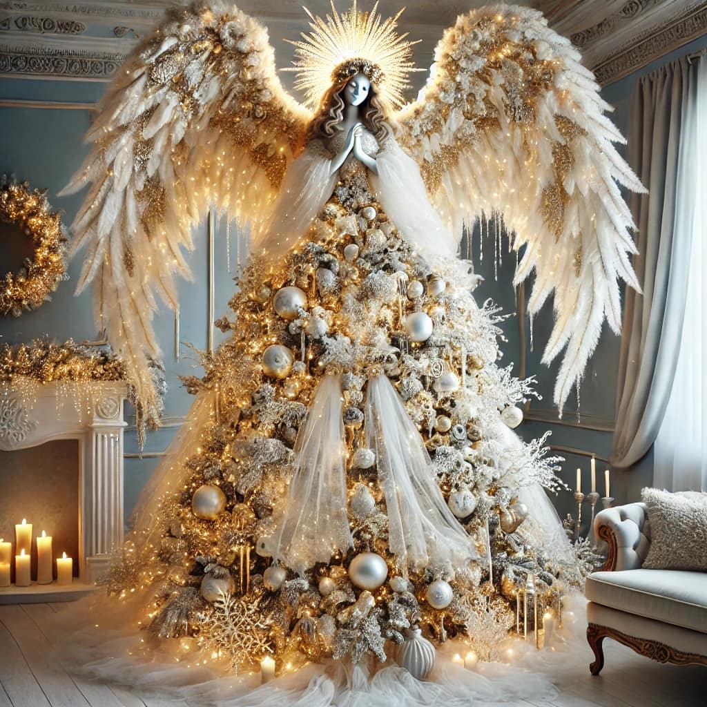 A luxurious gold-themed Christmas tree with shimmering lights, golden feathers, and a radiant angel topper.
