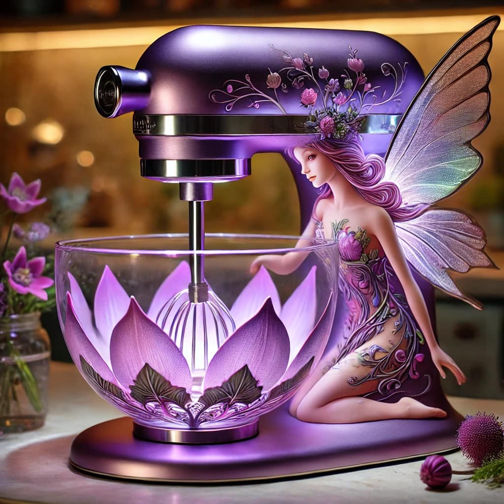 A purple kitchen mixer with bold fairy motifs, intricate designs, and vibrant lighting.
