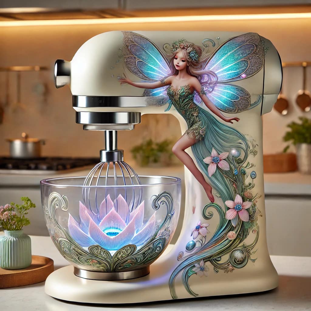 A neutral ivory kitchen mixer with floral patterns and an elegant fairy figure.