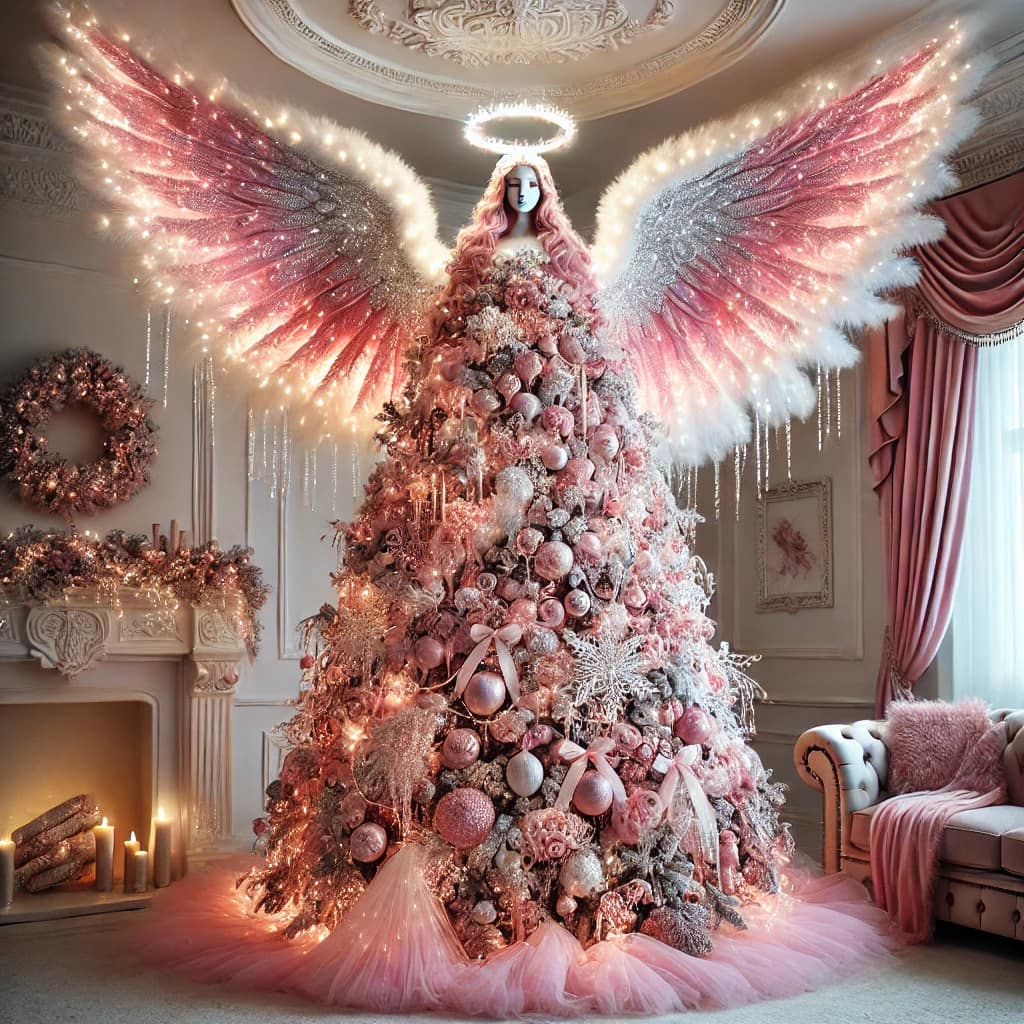 A blush pink Christmas tree with angel wings, soft lighting, and romantic ornaments in a cosy living room.
