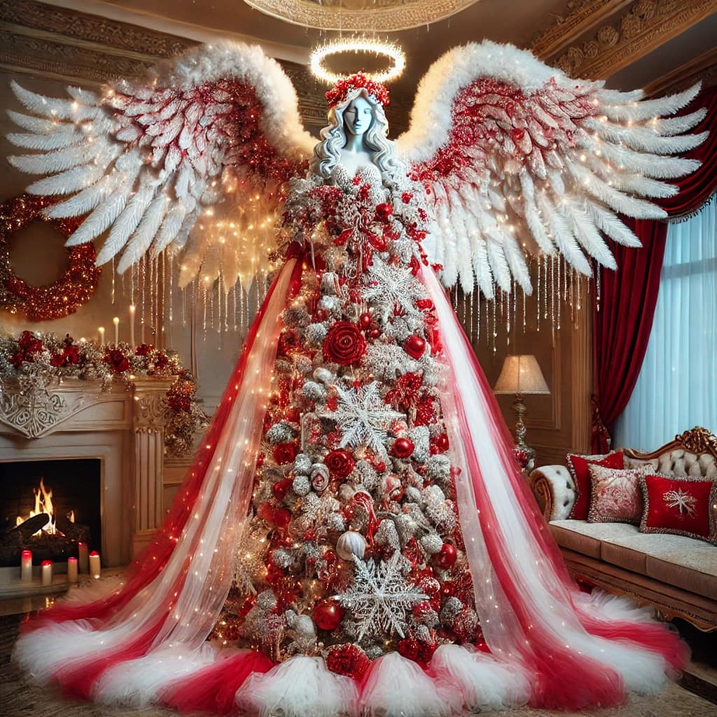  A striking red and white Christmas tree with bold ornaments, angel wings, and a glowing halo topper.