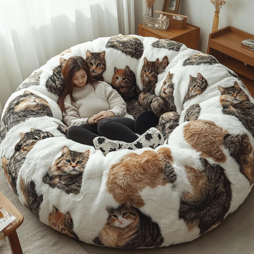 A plush, round human pet bed adorned with realistic cat prints and cozy fabric.