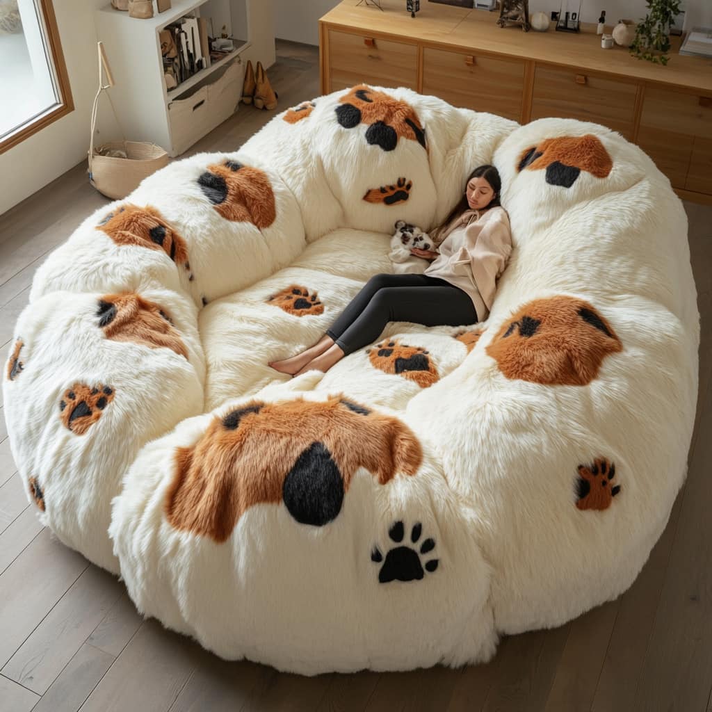 An oversized human pet bed featuring paw print designs on soft faux fur in earthy tones.