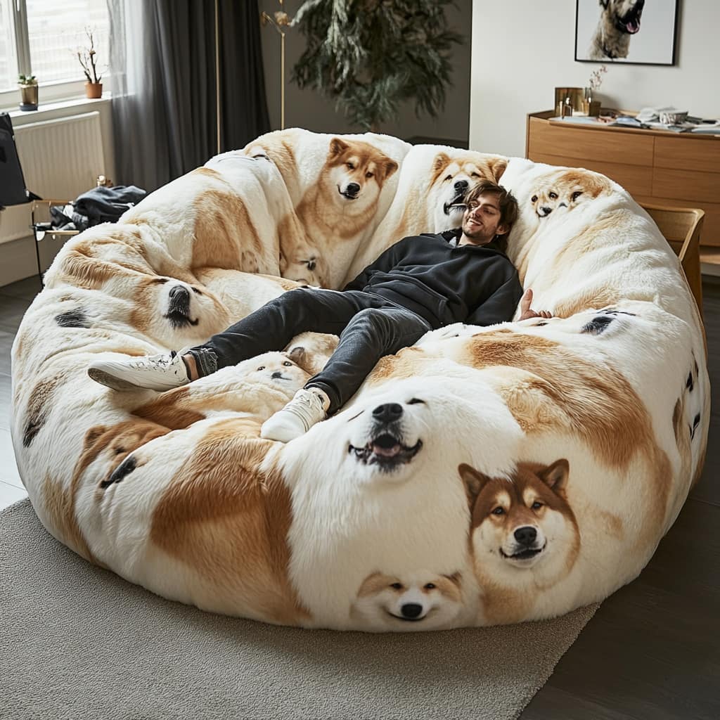A large human pet bed with cheerful dog faces printed on ultra-soft fabric, perfect for pet lovers.
