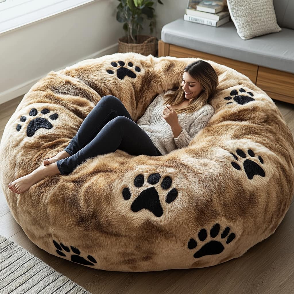 A fluffy, oversized human pet bed with bold paw print details for maximum relaxation.