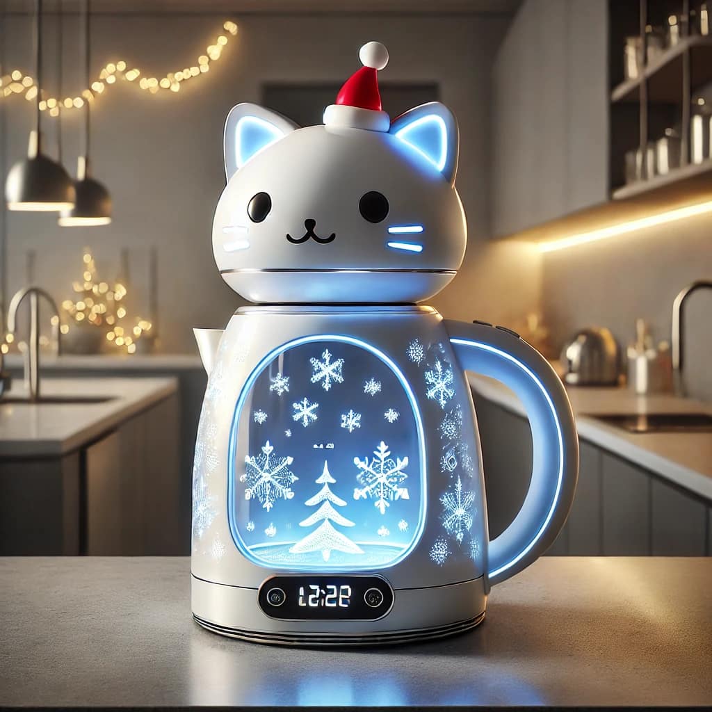 A white cat-themed kettle with glowing snowflakes, a Santa hat, and a digital clock display.