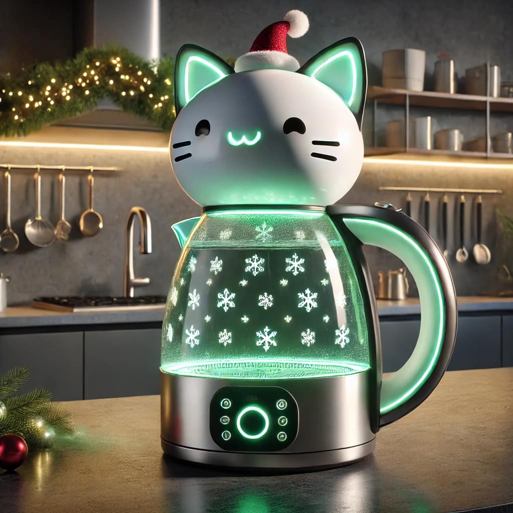 A stainless steel cat-themed kettle with green lighting, festive snowflake designs, and a Santa hat.