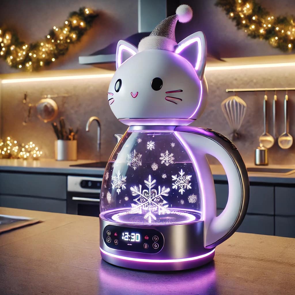 A purple cat-themed kettle with glowing snowflakes, a festive Santa hat, and a modern digital display.