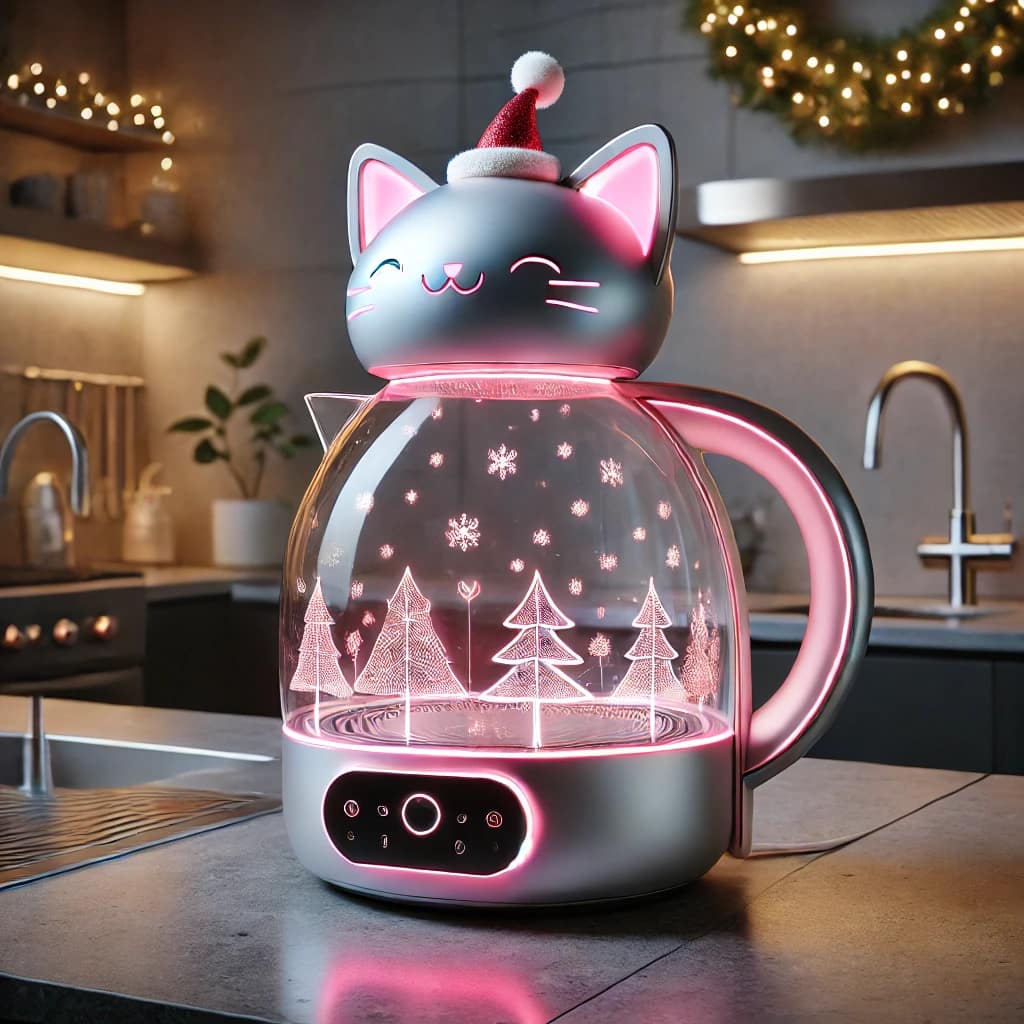 A pink cat-themed kettle with glowing Christmas tree designs, cat ears, and a festive Santa hat.