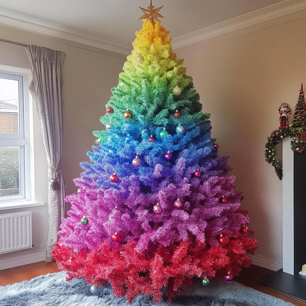 A tall rainbow Christmas tree featuring vibrant colours, metallic baubles, and a gold star topper in a bright living room.