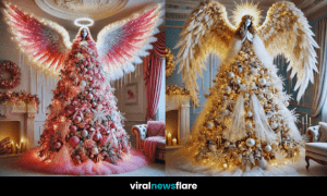A stunning angelic Christmas tree with glowing lights, angel wings, and luxurious ornaments as a festive centrepiece.