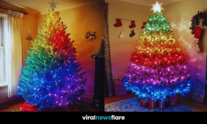 A rainbow-coloured Christmas tree with a glowing star topper, decorated in a minimalistic living room.