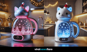 A collection of festive cat-themed kettles with glowing holiday designs, snowflakes, and Santa hats in a modern kitchen.