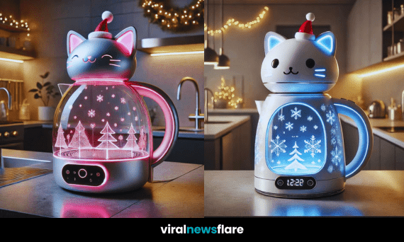 A collection of festive cat-themed kettles with glowing holiday designs, snowflakes, and Santa hats in a modern kitchen.