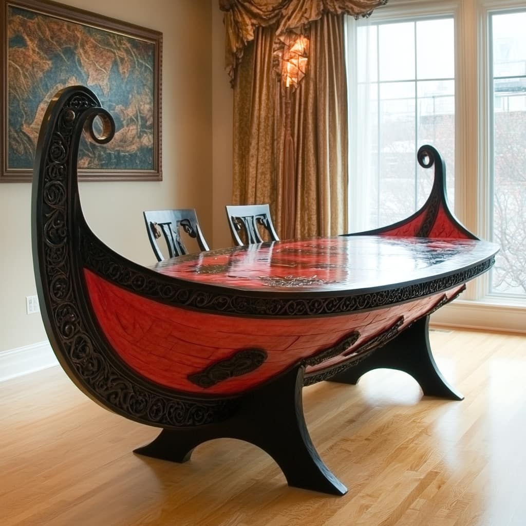 A bold red and black Viking ship dining table with intricate carvings and dramatic curves.
