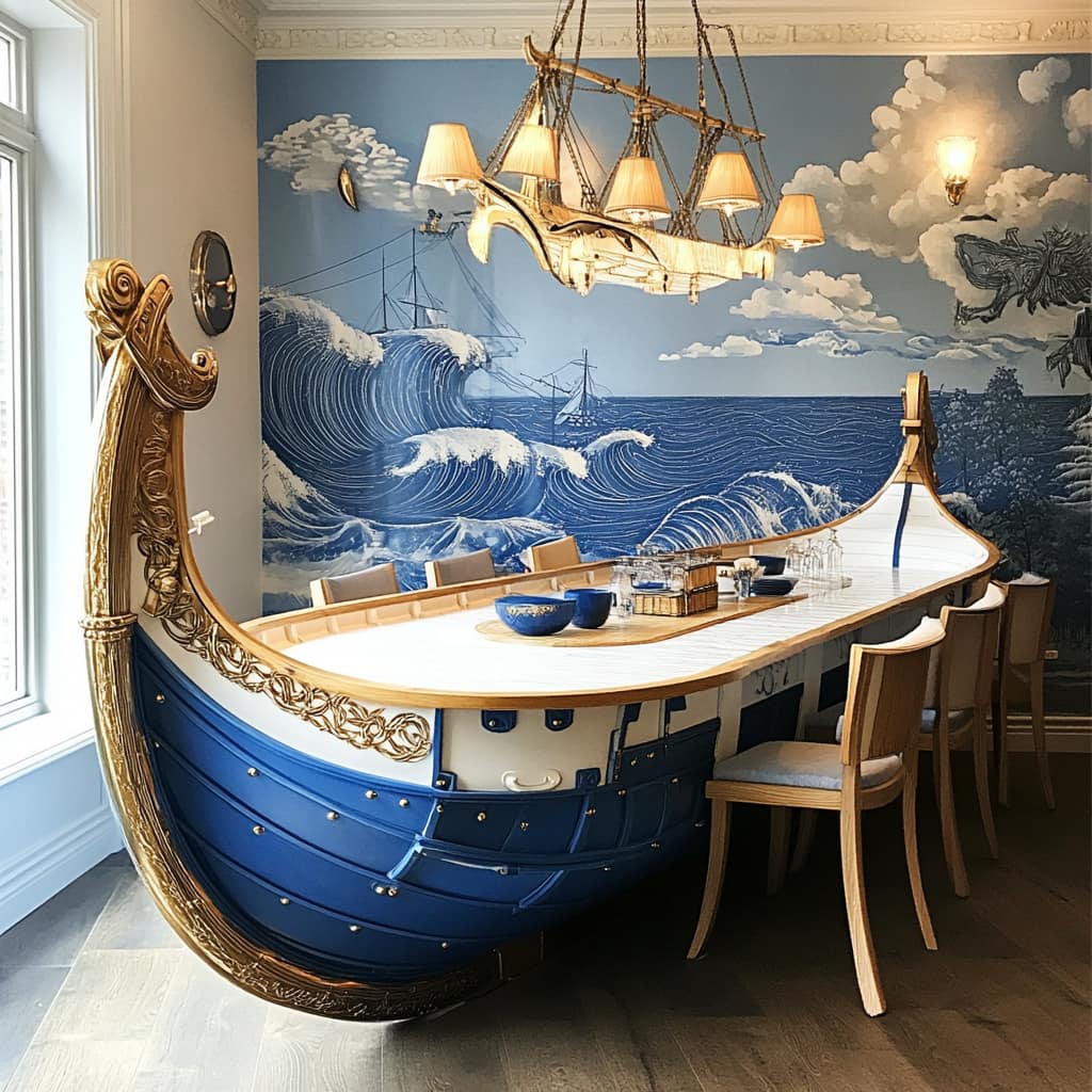 A blue and gold Viking ship-inspired dining table with a nautical mural backdrop and elegant carvings.