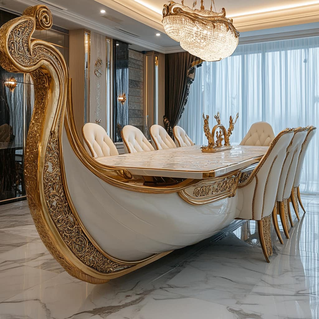 A luxurious white and gold Viking ship dining table with regal carvings and upholstered chairs.