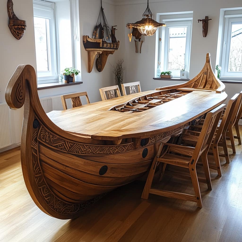 A rustic wooden Viking ship dining table with earthy tones and Norse-inspired carvings.