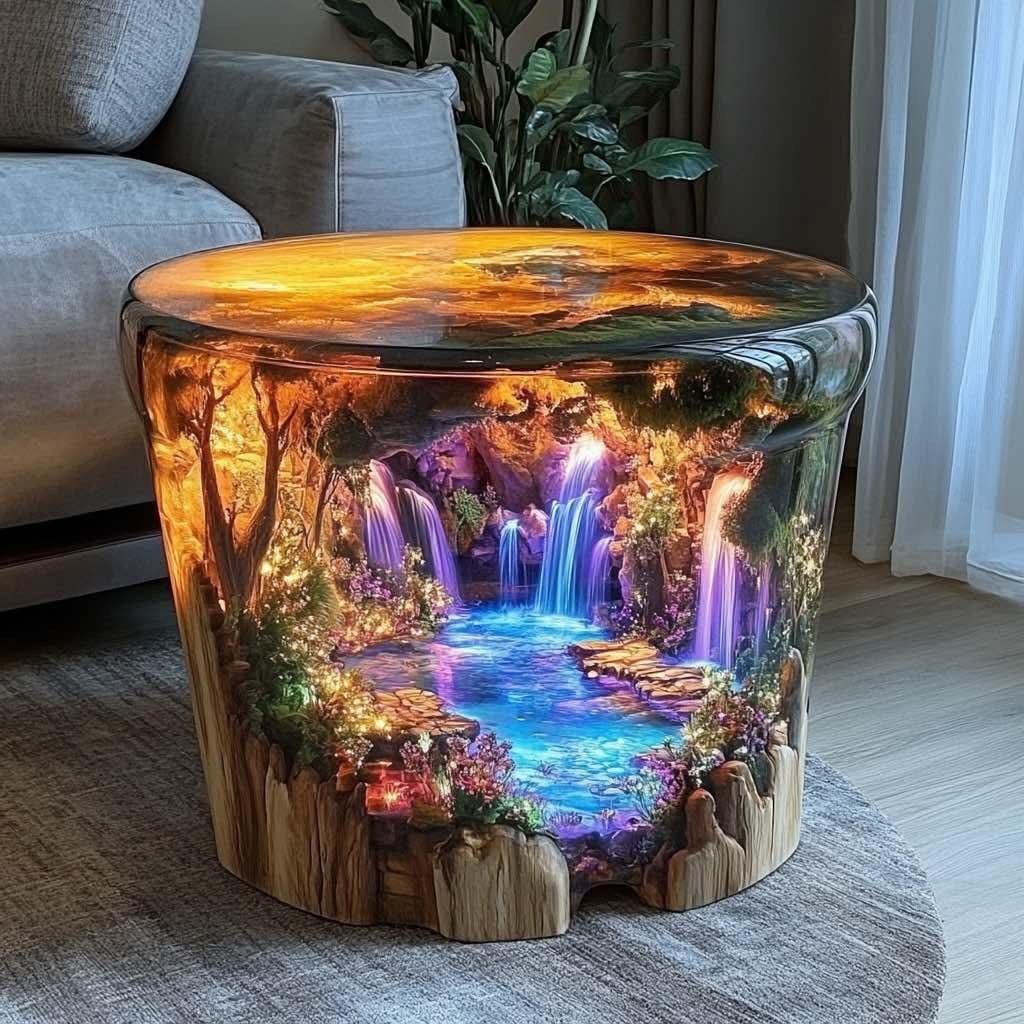 A glowing coffee table displaying a cascading waterfall surrounded by flowers and colourful lighting.