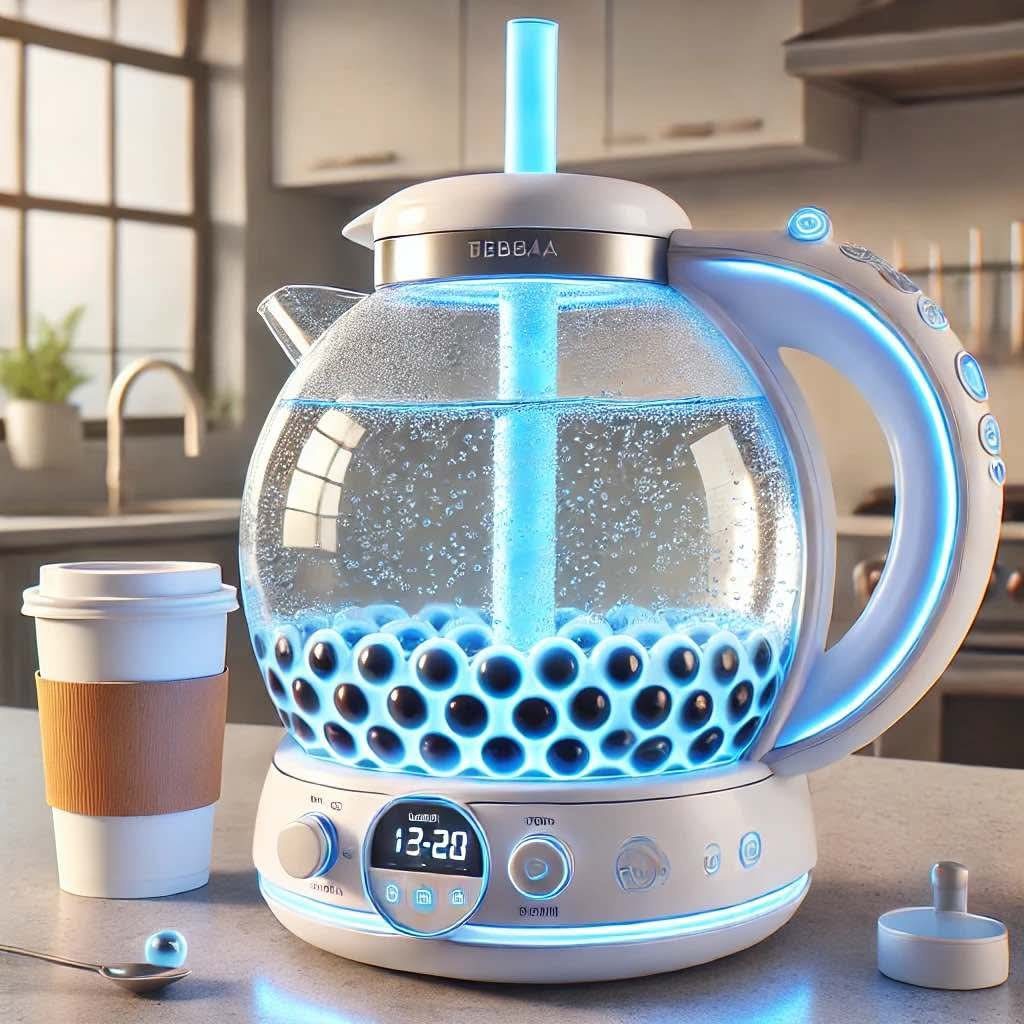 A futuristic blue-lit bubble tea kettle with tapioca pearls, a digital timer, and a cup of tea.