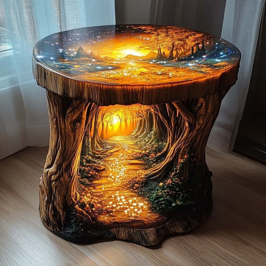 A round coffee table featuring an illuminated forest design with intricate tree carvings and glowing details.