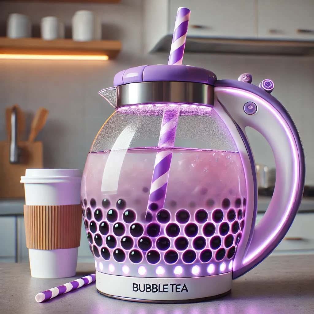 A purple-lit bubble tea kettle with a digital display, tapioca pearls, and a matching purple striped straw.