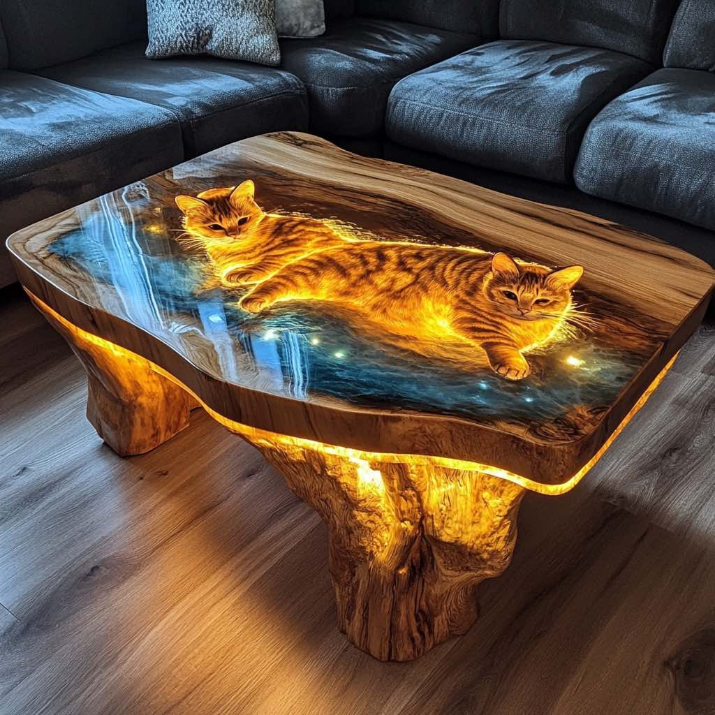An epoxy resin table with glowing celestial designs and cats resting on a reflective surface.