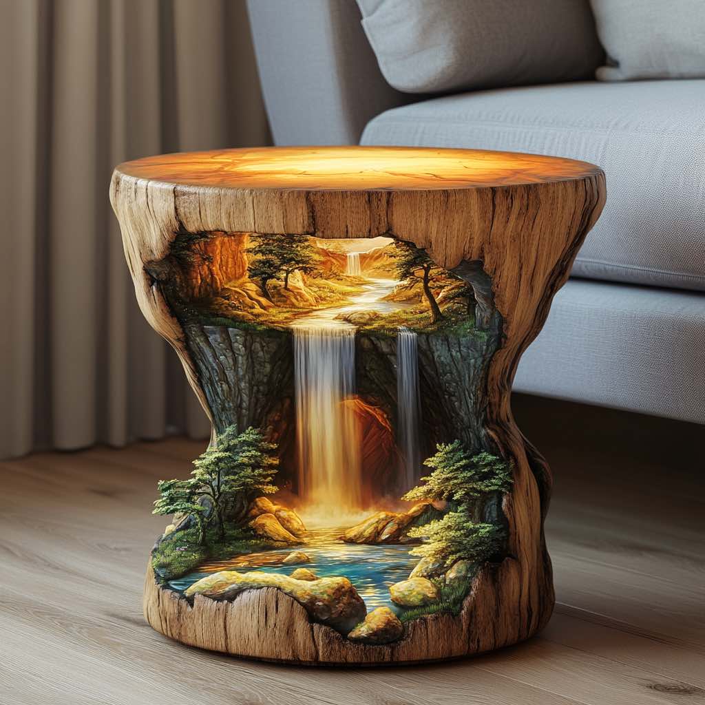 A beautifully crafted wooden side table featuring a realistic, illuminated design of a cascading waterfall surrounded by trees and rocks, creating a serene and cozy ambiance in a living room setting.