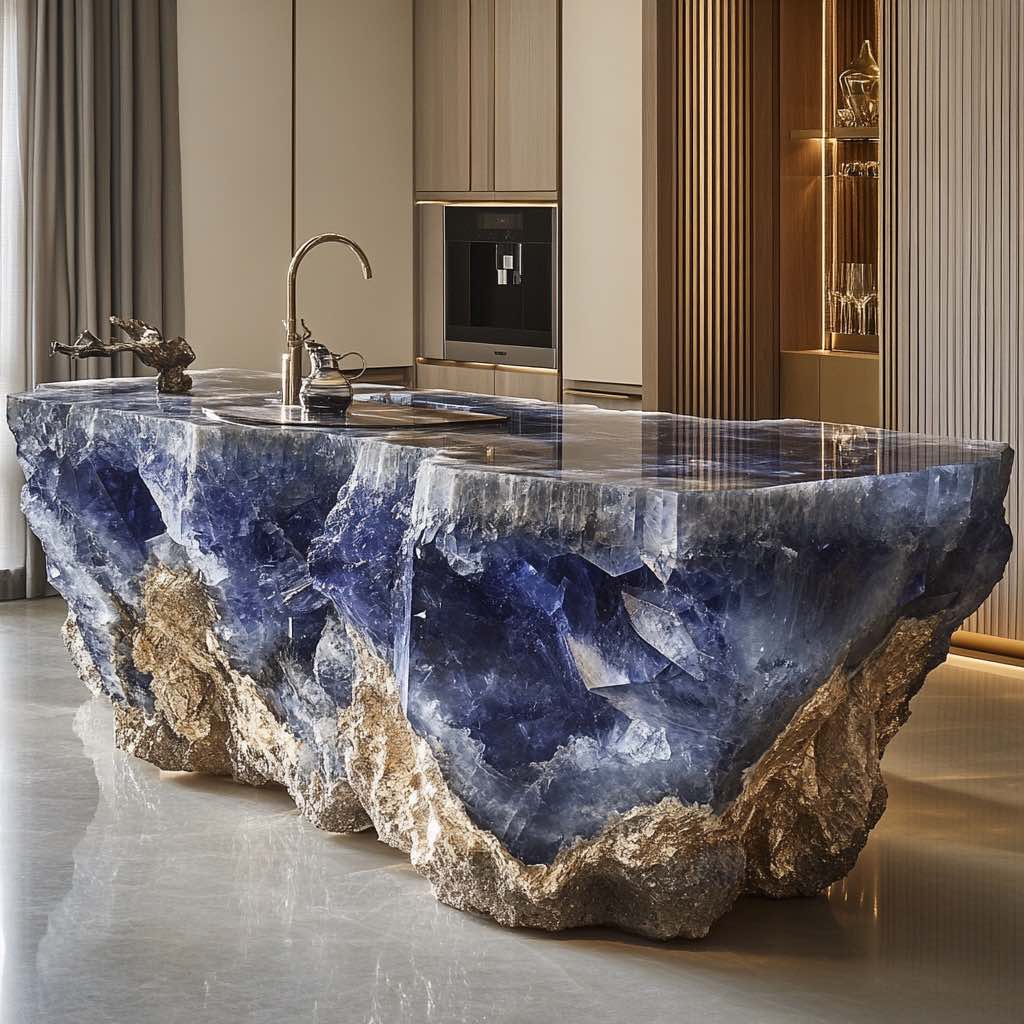 A luminous blue quartz kitchen island with polished edges, set in a contemporary kitchen design.