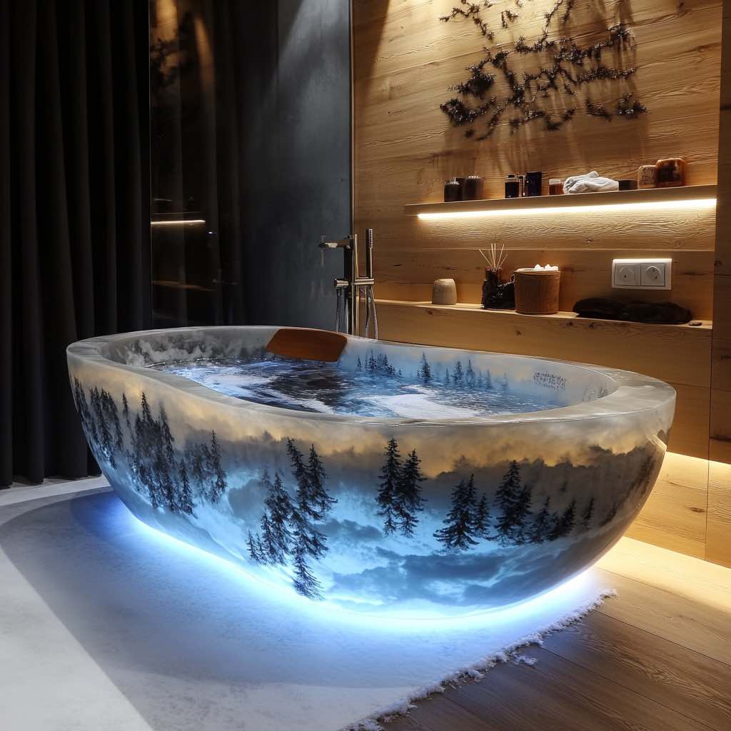 Freestanding bathtub featuring a forest landscape design with LED under-lighting in a wooden-themed bathroom. 