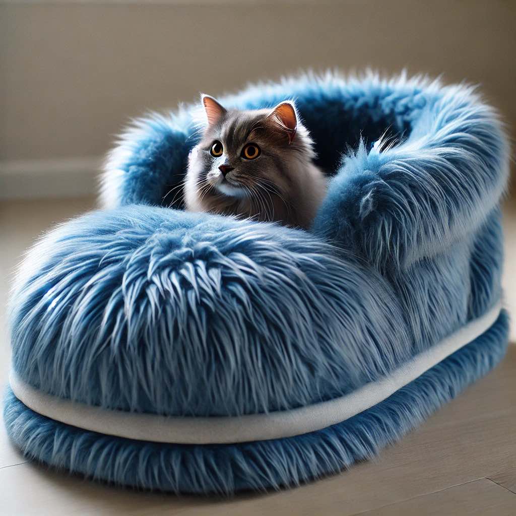 A fluffy royal blue slipper-style cat bed with a cosy feline inside, adding a luxurious touch to home decor.