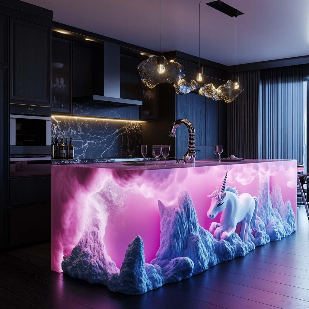 Kitchen island with a unicorn design amidst pink clouds and ethereal lighting.
