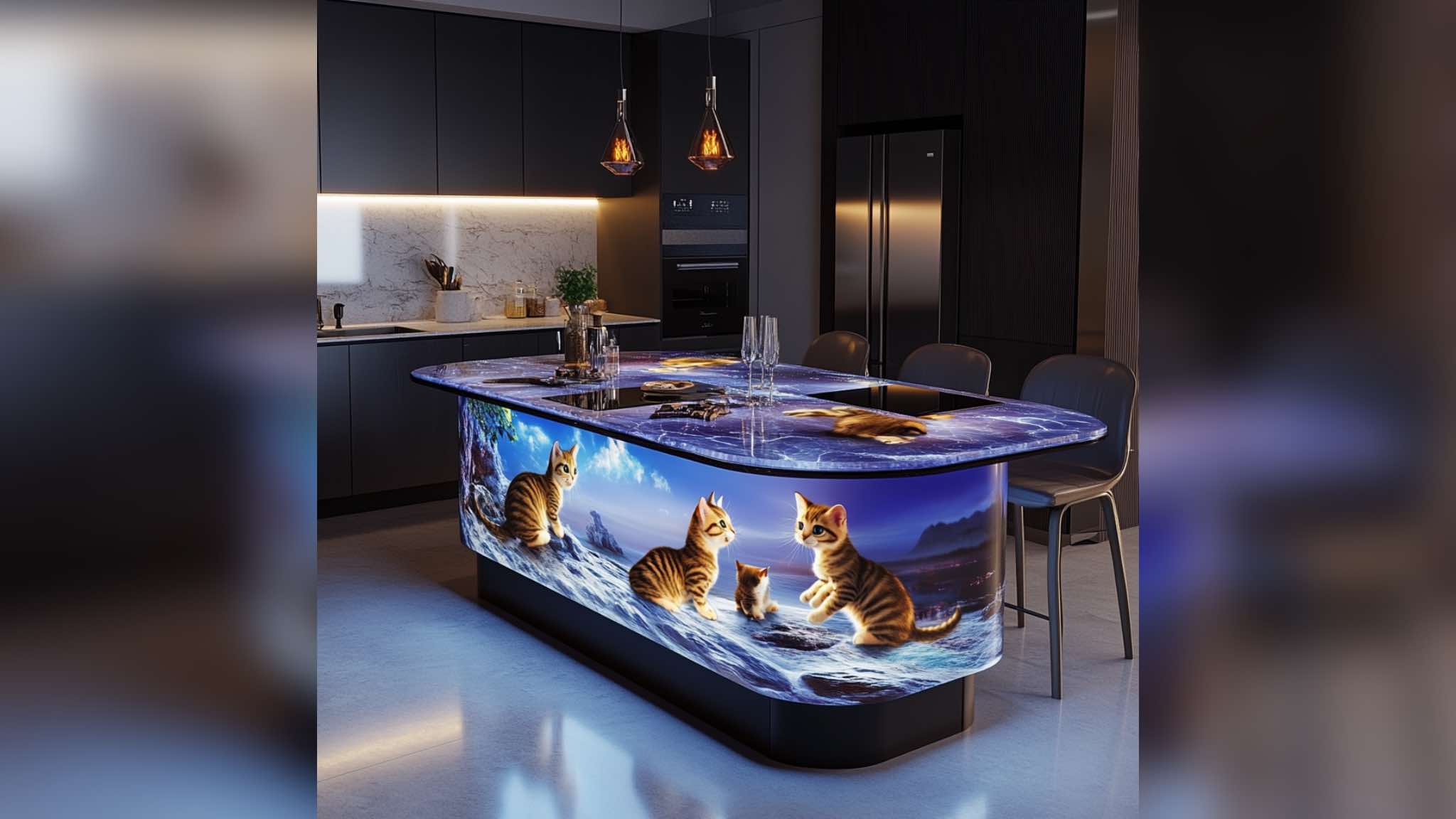 A modern kitchen island with illuminated panels featuring kittens by the seaside under a serene sky.