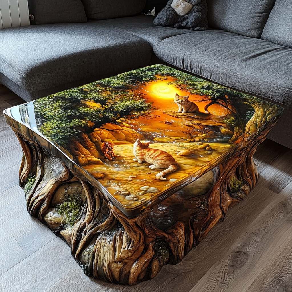 An epoxy resin table depicting cats lounging under a radiant sunset with intricate wood details.