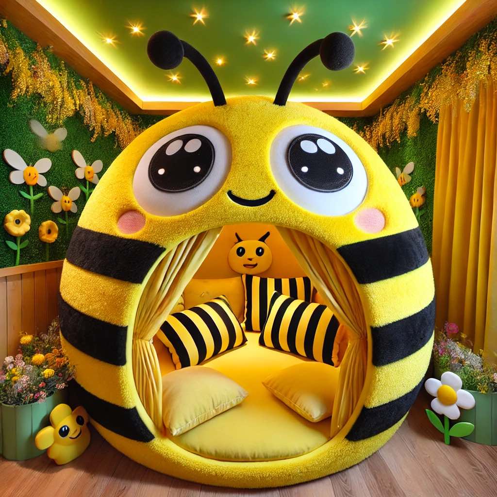 A bright yellow bee-themed children’s bed with black stripes, antennae, and flower-inspired decorations.