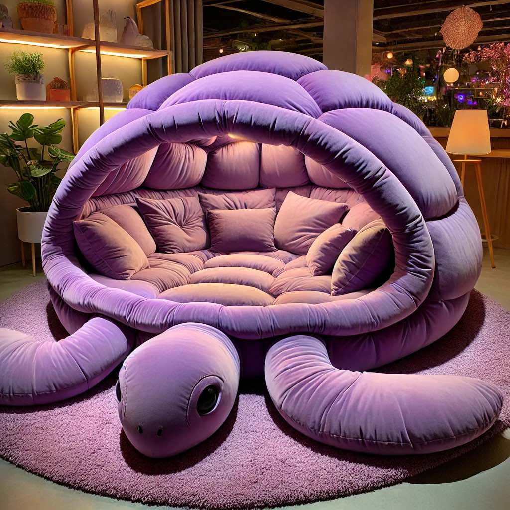 A purple turtle shell sofa surrounded by a cosy playroom with warm lighting and a vibrant rug.
