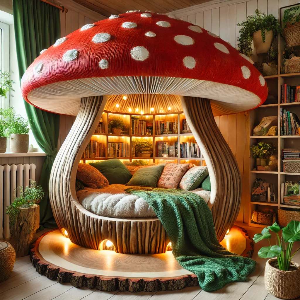 A vibrant red mushroom-themed nook with warm lights, cosy cushions, and built-in shelves for books.
