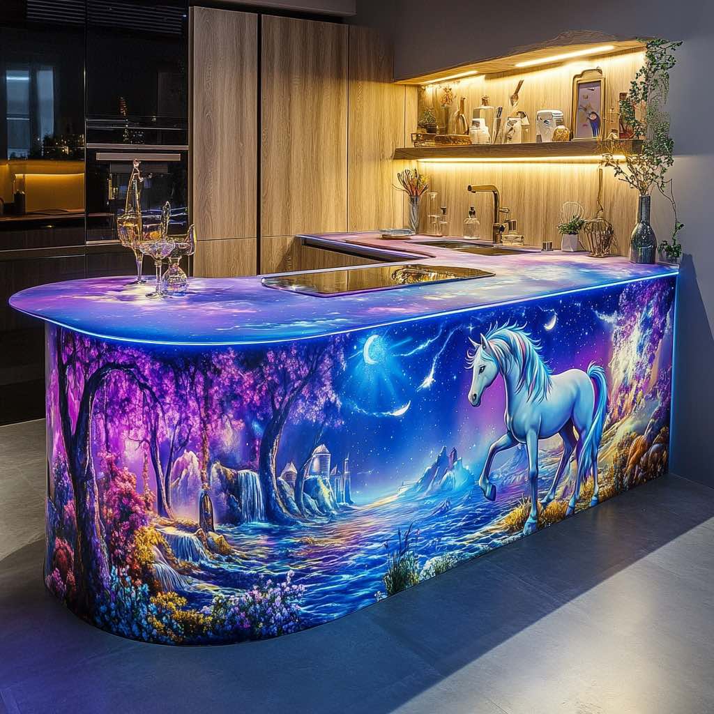 Dark-toned kitchen featuring a starry night unicorn-themed island.
