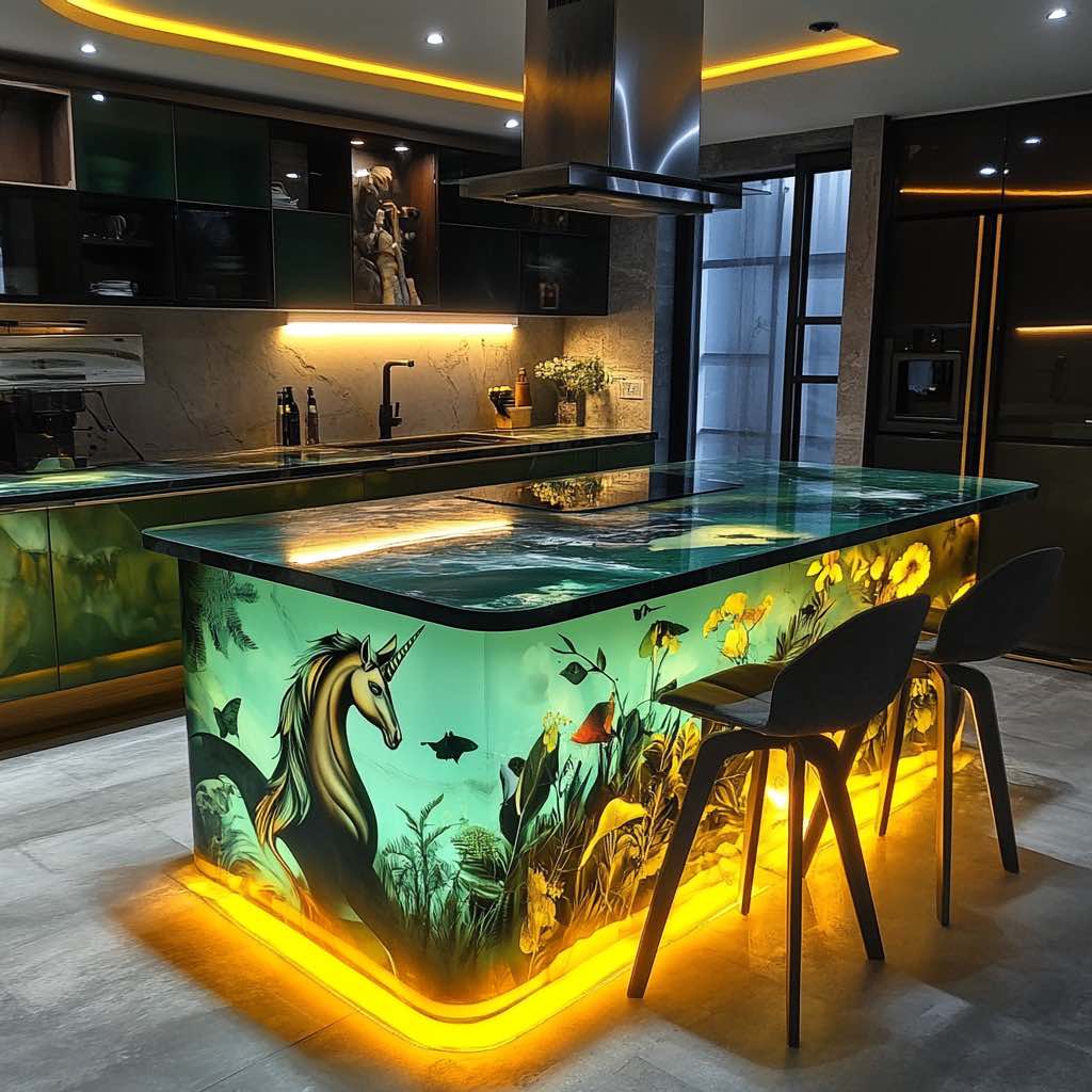 Unicorn-themed kitchen island with underwater coral and fish design.