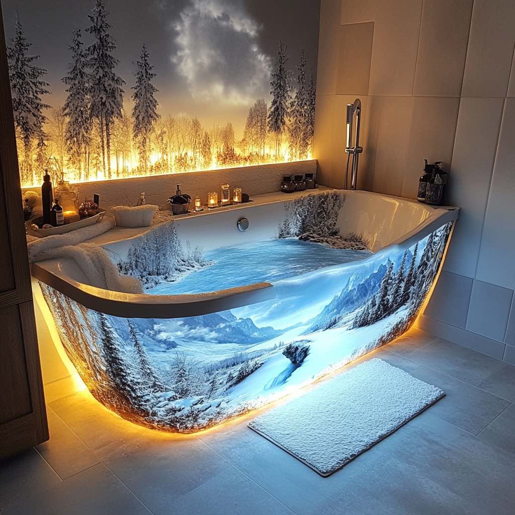 Built-in bathtub showcasing a snowy forest backdrop and golden LED lighting in a relaxing bathroom setting
