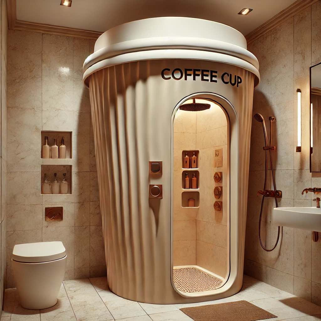 A close-up view of a coffee cup shower with ribbed sides and luxurious rain showerhead inside.
