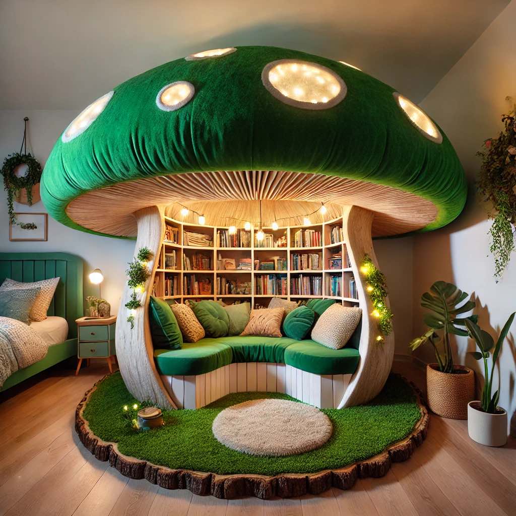 A green mushroom nook with a natural mossy appearance, cushioned seating, and built-in book storage.