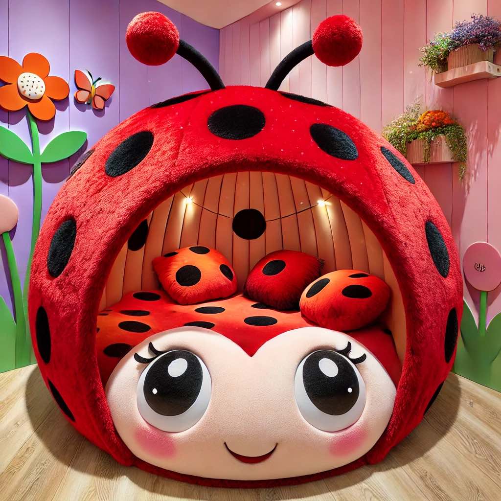 A vibrant red ladybird-themed children’s bed with black spots and playful matching cushions.