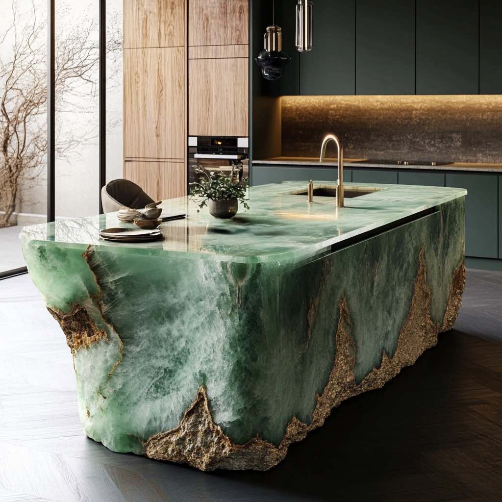 A green onyx kitchen island featuring natural veining and a glowing backlit surface in a modern kitchen.