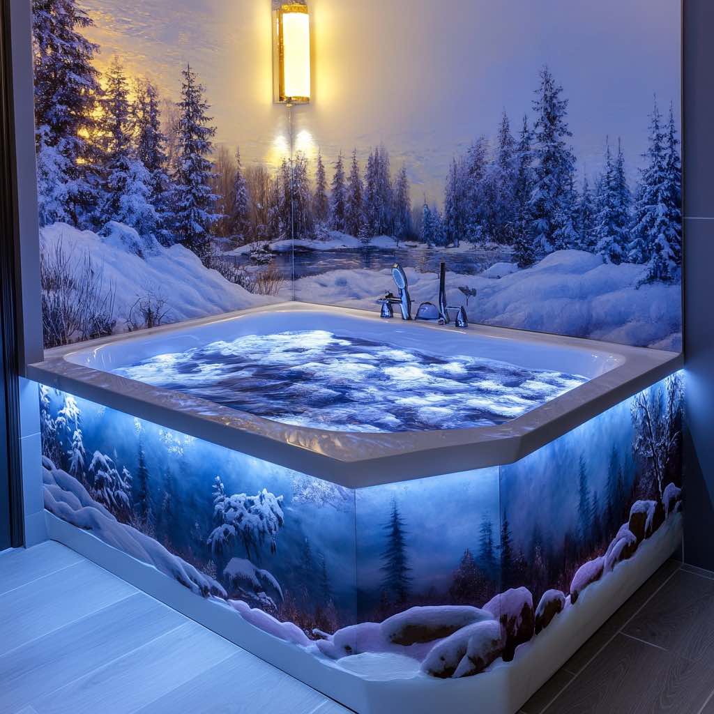 Built-in bathtub with detailed winter landscape panels and calming blue LED lighting for a spa-like feel.