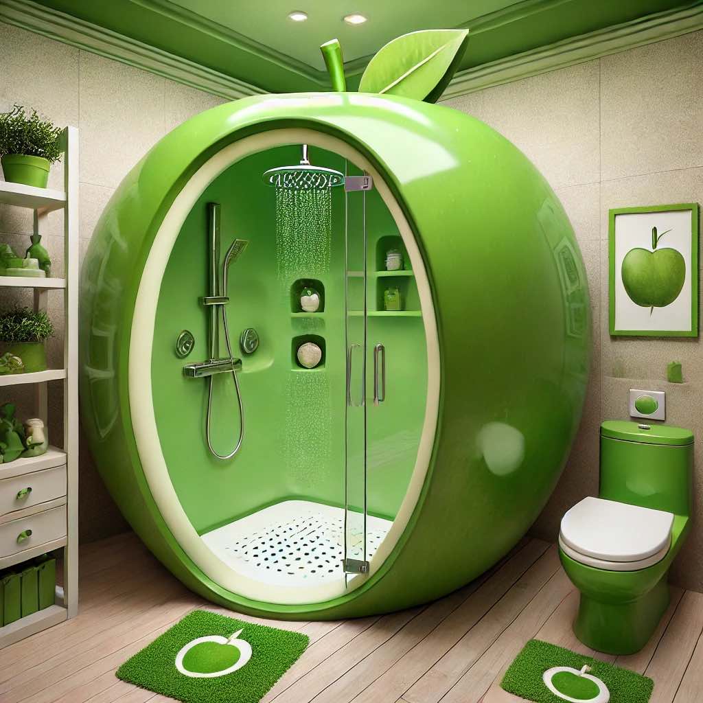 A green apple-shaped shower enclosure in a stylish bathroom with matching decor and accessories