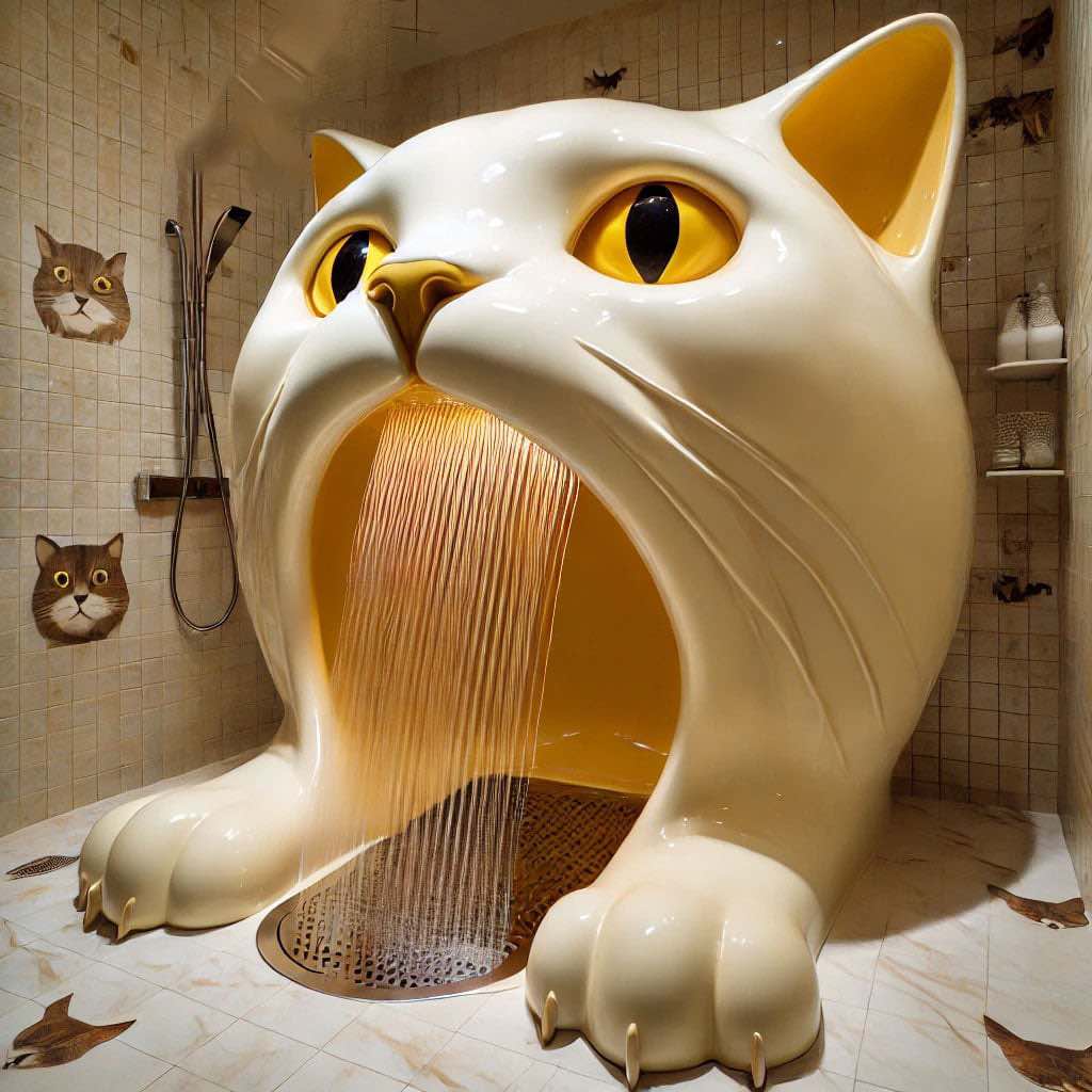 A bold yellow-eyed cat-shaped shower with a striking design and large feline paws.