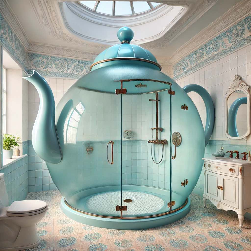 A baby blue teapot-shaped shower with gold accents in a serene and elegant bathroom setting.