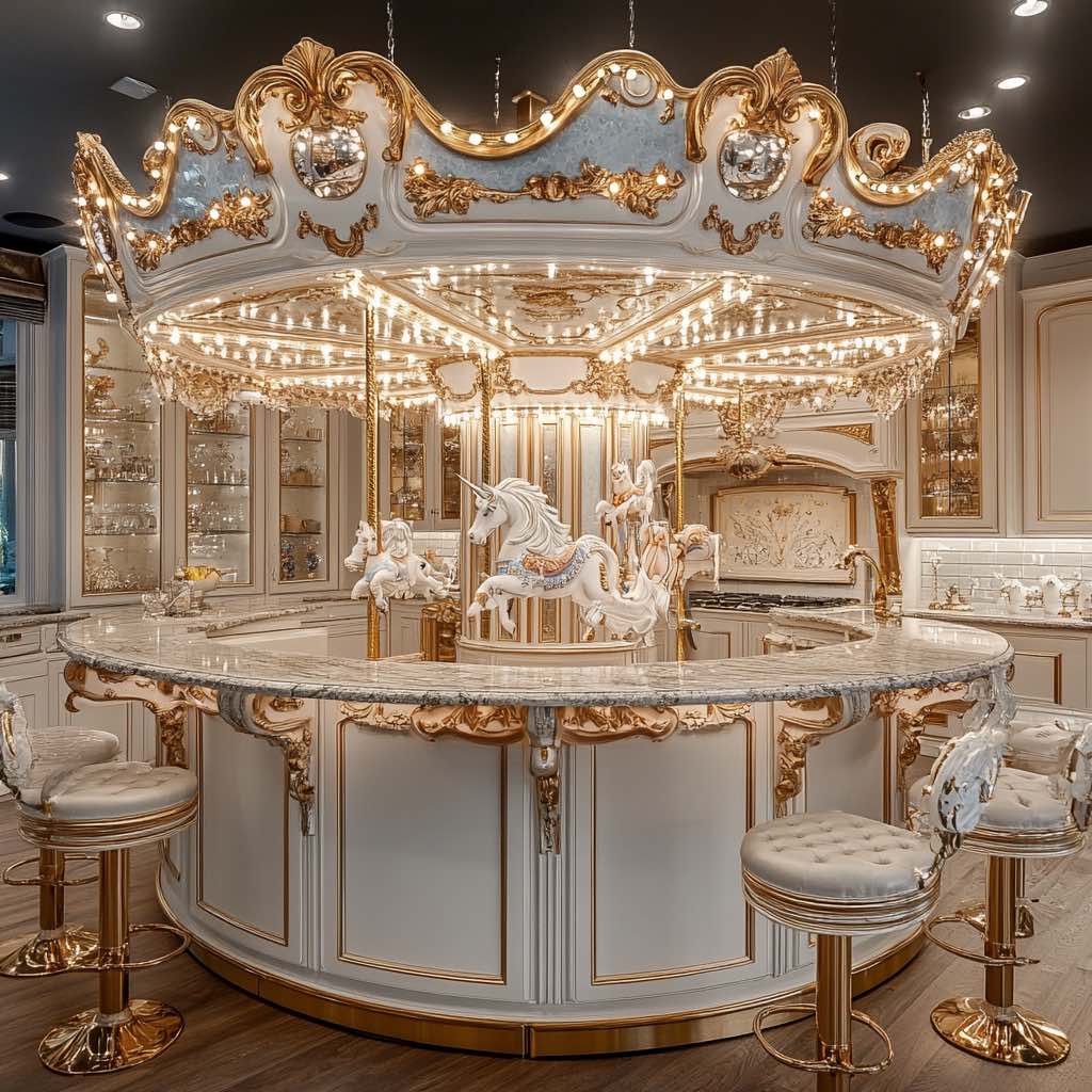 White and gold carousel-themed kitchen bar with intricate unicorn sculptures and marble countertops.
