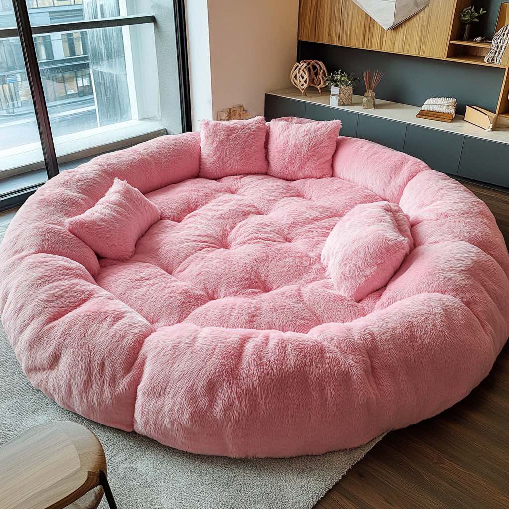 Vibrant pink round sofa with tufted cushions and matching pillows in a bright living room.